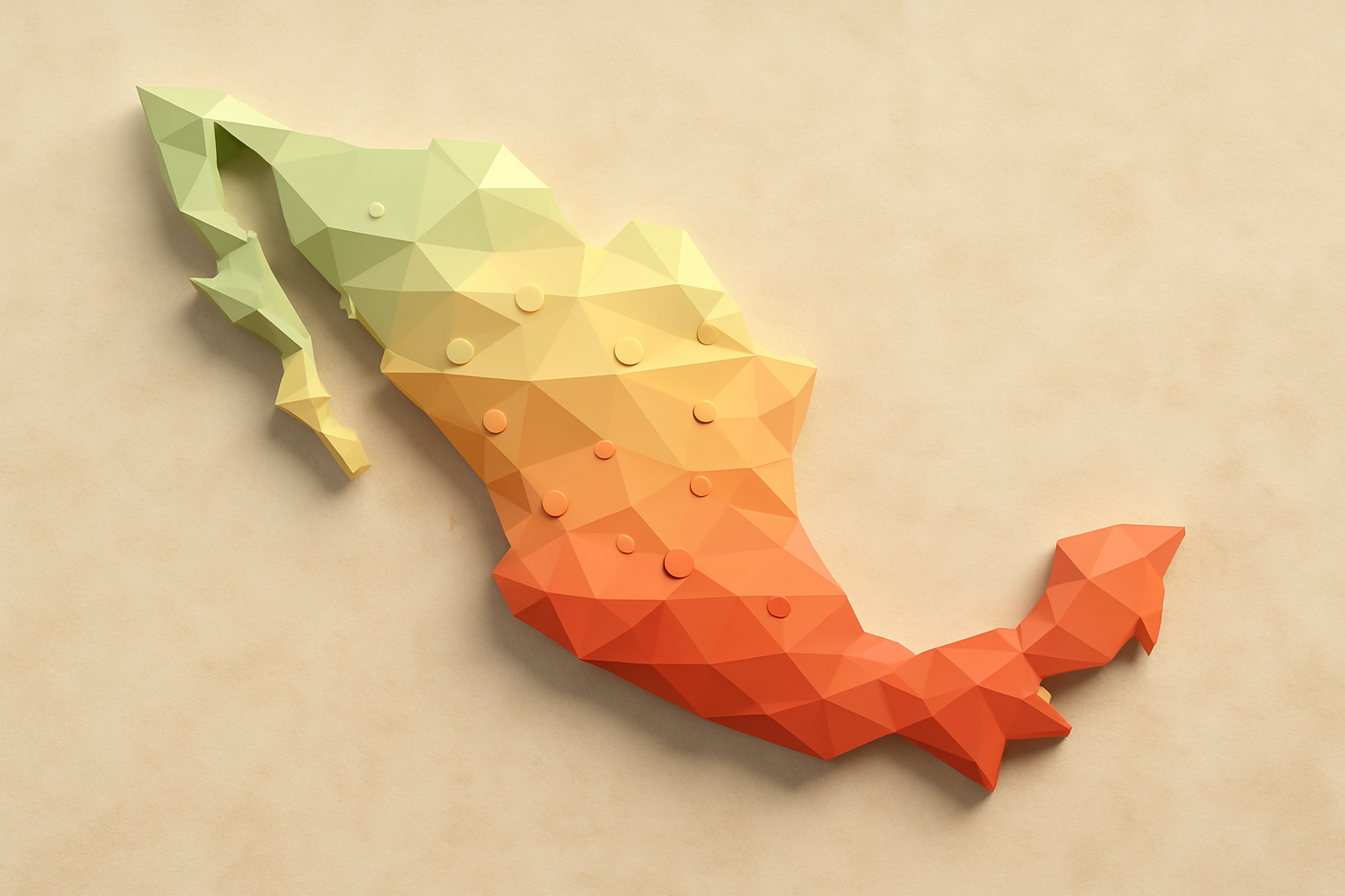 Low-poly shaded map of Mexico in a green-to-red gradient illustrating regional variation